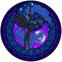 Size: 1600x1600 | Tagged: safe, artist:akili-amethyst, nightmare moon, princess celestia, twilight sparkle, alicorn, pony, g4, disney, dive to the heart, female, kingdom hearts, mare, rearing, stained glass