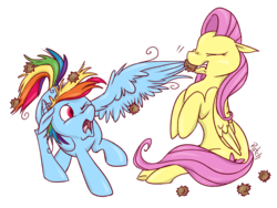 Size: 1600x1200 | Tagged: safe, artist:pashapup, fluttershy, rainbow dash, pegasus, pony, g4, burrs, duo, eyes closed, female, floppy ears, mare, mouth hold, one wing out, simple background, stingbush seed pods, transparent background