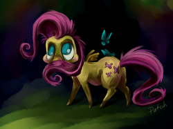 Size: 1288x961 | Tagged: safe, artist:pashapup, fluttershy, butterfly, pegasus, pony, g4, abstract background, butterfly on butt, colored pupils, female, mare, solo