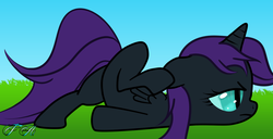 Size: 1280x654 | Tagged: safe, artist:vixyhooves, oc, oc only, oc:nyx, alicorn, pony, alicorn oc, cute, face down ass up, female, filly, lidded eyes, raised leg, scootie belle, solo