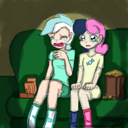 Size: 1280x1280 | Tagged: safe, artist:johnjoseco, bon bon, lyra heartstrings, sweetie drops, human, g4, colored, couch, crying, duo, female, food, humanized, lesbian, popcorn, ship:lyrabon, shipping, sitting
