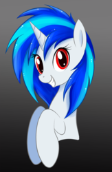 Size: 833x1280 | Tagged: dead source, safe, artist:grumblepluck, dj pon-3, vinyl scratch, pony, unicorn, g4, female, gradient background, mare, red eyes, smiling, solo, wrong eye color