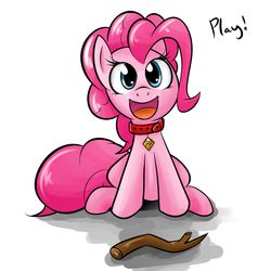 Size: 1280x1280 | Tagged: dead source, safe, artist:grumblepluck, pinkie pie, earth pony, pony, g4, behaving like a dog, collar, cute, dialogue, diapinkes, female, fetch, fetch!, mare, name tag, one word, open mouth, pet play, pet tag, puppy pie, sitting, solo, stick