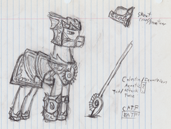 Size: 1201x903 | Tagged: safe, artist:barbossa, oc, oc only, earth pony, pony, armor, grayscale, guard, lined paper, male, monochrome, solo, stallion, traditional art