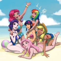 Size: 900x900 | Tagged: safe, artist:polarityplus, applejack, fluttershy, pinkie pie, rainbow dash, rarity, twilight sparkle, human, g4, armpits, attached skirt, beach, belly button, bikini, blue swimsuit, breasts, busty applejack, busty fluttershy, busty pinkie pie, busty rainbow dash, busty rarity, busty twilight sparkle, cleavage, clothes, daisy dukes, female, frilled swimsuit, humanized, mane six, o-ring swimsuit, one-piece swimsuit, pink swimsuit, rainbow swimsuit, red swimsuit, shorts, side-tie bikini, string bikini, swimsuit, untied bikini, yellow swimsuit