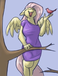Size: 700x906 | Tagged: safe, artist:foxenawolf, fluttershy, bird, pegasus, anthro, unguligrade anthro, g4, clothes, dress, female, floppy ears, happy, mare, singing, smiling, solo, tree branch