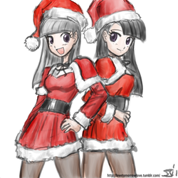 Size: 1280x1280 | Tagged: safe, artist:johnjoseco, artist:michos, limestone pie, marble pie, human, g4, christmas, clothes, duo, female, hat, holiday, humanized, pantyhose, pie sisters, santa claus, santa hat