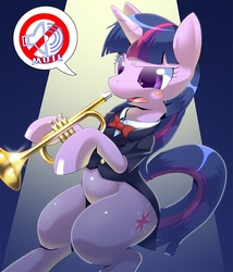 Size: 700x816 | Tagged: safe, artist:oze, twilight sparkle, pony, unicorn, rhythm is magic, g4, annoyed, bipedal, clothes, cute, female, funny, mare, musical instrument, pixiv, pun, solo, trumpet