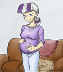 Size: 833x950 | Tagged: safe, artist:johnjoseco, artist:michos, twilight velvet, human, g4, couch, female, humanized, implied shining armor, implied twilight sparkle, preglight velvet, pregnant, pregvelvet, solo