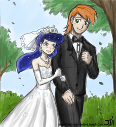 Size: 914x1000 | Tagged: safe, artist:johnjoseco, artist:michos, big macintosh, princess luna, human, g4, clothes, dress, duo, female, humanized, male, marriage, ship:lunamac, shipping, straight, wedding, wedding dress