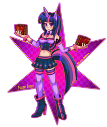 Size: 700x827 | Tagged: safe, artist:bluc, twilight sparkle, human, g4, abstract background, belly button, book, boots, clothes, cutie mark background, eared humanization, female, high heel boots, high heels, horn, horned humanization, humanized, midriff, miniskirt, simple background, skirt, socks, solo, stars, tailed humanization, thigh highs, transparent background
