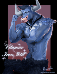 Size: 699x900 | Tagged: safe, artist:hinoraito, iron will, minotaur, anthro, g4, abstract background, equal sign, male, sitting, solo