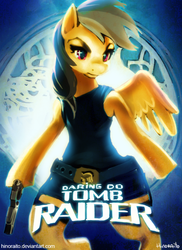 Size: 525x720 | Tagged: dead source, safe, artist:hinoraito, daring do, semi-anthro, g4, clothes, crossover, female, handgun, lara croft, solo, tomb raider, weapon