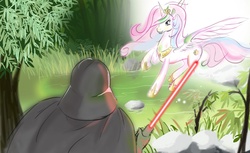 Size: 900x550 | Tagged: safe, artist:v-invidia, princess celestia, alicorn, human, pony, g4, crossover, darth vader, duo, energy weapon, female, lightsaber, mare, open mouth, raised hoof, spread wings, star wars, surprised, tree, weapon, wide eyes