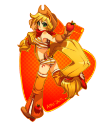 Size: 600x777 | Tagged: safe, artist:bluc, applejack, human, g4, apple, applejack's hat, armpits, boots, cowboy boots, cowboy hat, cutie mark background, eared humanization, female, hat, humanized, looking back, midriff, obligatory apple, rear view, running, simple background, solo, tailed humanization, transparent background