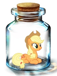 Size: 600x800 | Tagged: artist needed, safe, applejack, earth pony, pony, g4, bottle, female, mare, pony in a bottle, prone, solo