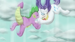 Size: 800x450 | Tagged: safe, artist:iraecoal, rarity, spike, dragon, pony, unicorn, g4, secret of my excess, butt, crying, dragon x pony, duo, falling, female, fire ruby, interspecies, kiss on the lips, kissing, male, mare, scene interpretation, ship:sparity, shipping, smiling, straight