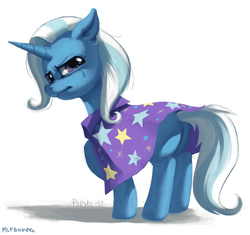 Size: 1725x1623 | Tagged: safe, artist:purmu, trixie, pony, unicorn, g4, butt, crying, female, floppy ears, frown, glare, looking at you, looking back, mare, plot, raised hoof, sad, solo, the great and powerful ass
