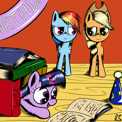 Size: 1200x1200 | Tagged: safe, artist:redesine, applejack, rainbow dash, twilight sparkle, earth pony, pegasus, pony, unicorn, g4, aside glance, book, book fort, female, hat, mare, party hat, prone, reading, trio