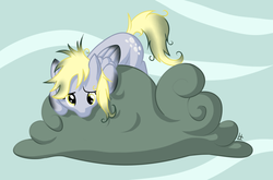 Size: 1280x845 | Tagged: safe, artist:fearingfun, derpy hooves, pegasus, pony, g4, season 2, the last roundup, cloud, cute, derpabetes, female, i just don't know what went wrong, looking down, mare, messy mane, singed, solo, stormcloud