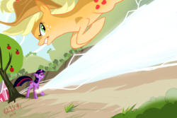 Size: 1200x800 | Tagged: safe, artist:cuteskitty, applejack, twilight sparkle, earth pony, pony, unicorn, fighting is magic, g4, action pose, beam, duo, female, fight, jumping, magic, mare, orchard, tree