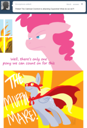 Size: 642x939 | Tagged: dead source, safe, artist:cartoonlion, derpy hooves, pinkie pie, earth pony, pegasus, pony, g4, ask, clothes, costume, female, mare, superhero