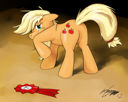 Size: 1280x1024 | Tagged: safe, artist:tk83, applejack, earth pony, pony, g4, butt, crying, female, floppy ears, mare, medal, plot, raised hoof, solo