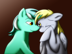 Size: 987x748 | Tagged: safe, artist:arcticwaters, derpy hooves, lyra heartstrings, pegasus, pony, unicorn, g4, duo, female, lesbian, lyraderp, mare, shipping