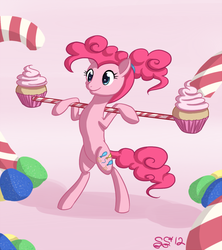 Size: 800x899 | Tagged: safe, artist:alipes, pinkie pie, earth pony, pony, g4, alternate hairstyle, bipedal, cupcake, exercise, female, food, mare, solo, weight lifting