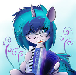 Size: 900x884 | Tagged: safe, artist:infalle, artist:sosweetntasty, dj pon-3, vinyl scratch, pony, unicorn, g4, accordion, eyes closed, female, glasses, gradient background, happy, mare, musical instrument, open mouth, smiling, solo