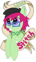 Size: 729x1261 | Tagged: safe, artist:whipstitch, oc, oc only, earth pony, pony, bandana, female, glasses, green fur, mare, old banner, solo, whipstitch