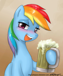 Size: 750x894 | Tagged: safe, artist:johnjoseco, rainbow dash, pegasus, pony, g4, blushing, cider, cider mug, drunk, drunker dash, female, gradient background, mare, mug, solo, tankard