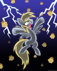 Size: 4140x5139 | Tagged: safe, artist:stratustrot, derpy hooves, pegasus, pony, g4, absurd resolution, female, flying, lightning, mare, muffin, open mouth, solo, that pony sure does love muffins