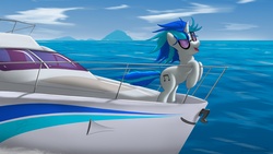 Size: 3250x1828 | Tagged: safe, artist:skipsy, dj pon-3, vinyl scratch, pony, unicorn, g4, boat, female, mare, ocean, solo, water, windswept mane