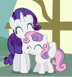 Size: 317x338 | Tagged: safe, screencap, rarity, sweetie belle, pony, unicorn, g4, ponyville confidential, season 2, animated, cute, diasweetes, duo, eyes closed, female, filly, gif, mare, nuzzling, raribetes, sisters