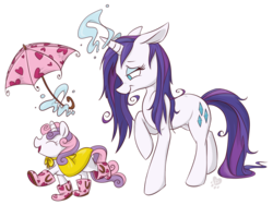 Size: 1329x998 | Tagged: safe, artist:pashapup, rarity, sweetie belle, pony, unicorn, g4, boots, cute, diasweetes, duo, female, filly, galoshes, generosity, gumboots, mare, no pupils, rain boots, raincoat, rubber boots, shoes, siblings, simple background, sisters, smiling, transparent background, umbrella, walking, wellies, wellington boots, wet, wet mane, wet mane rarity