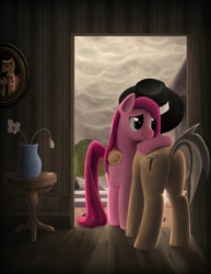 Size: 1300x1688 | Tagged: safe, artist:2snacks, igneous rock pie, pinkie pie, earth pony, pony, g4, butt, door, duo, father and daughter, female, hug, male, mare, pinkamena diane pie, plot, rock farm, smiling, stallion