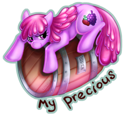 Size: 695x653 | Tagged: safe, artist:limreiart, berry punch, berryshine, earth pony, pony, g4, barrel, cider, female, mare, my precious, possessive, prone, simple background, solo, transparent background