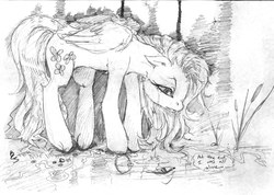 Size: 1500x1068 | Tagged: safe, artist:buttercupsaiyan, fluttershy, pegasus, pony, g4, crying, female, floppy ears, mare, monochrome, sad, solo, traditional art, water