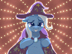 Size: 640x480 | Tagged: safe, artist:masak9, trixie, pony, unicorn, g4, animated, backlighting, bipedal, clothes, female, floppy ears, gif, grin, hat, looking at you, mare, robe, smiling, solo, trixie's cape, trixie's hat