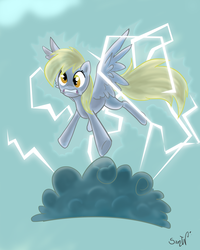 Size: 2000x2500 | Tagged: dead source, safe, artist:samywalle, derpy hooves, pegasus, pony, g4, cloud, electrocution, female, high res, i just don't know what went wrong, lightning, mare, signature, solo, stormcloud, surprised