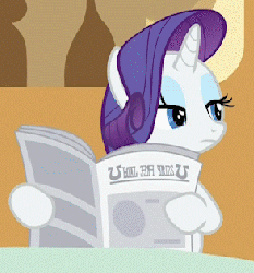 Size: 294x315 | Tagged: safe, screencap, rarity, pony, unicorn, g4, ponyville confidential, season 2, animated, blinking, disdain, female, gif, implied facehoof, implied facepalm, mare, newspaper, reaction image, solo, written equestrian