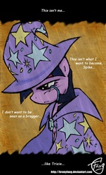 Size: 786x1305 | Tagged: dead source, safe, artist:bronyfang, twilight sparkle, pony, unicorn, g4, cape, clothes, crying, female, hat, mare, sad, solo, the great and powerful, the great and powerful twilight, trixie's cape, trixie's hat