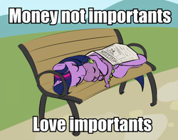Size: 393x310 | Tagged: safe, artist:furseiseki, spike, twilight sparkle, dragon, pony, unicorn, g4, bench, caption, cuddling, cute, duo, engrish, eyes closed, female, homeless, homeless twilight, hug, love, male, mama twilight, mare, meme, money not importants, newspaper, on side, ponified animal photo, ponified meme, snuggling, spikelove