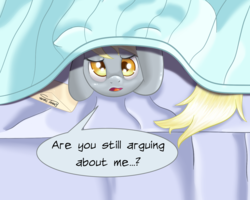 Size: 750x600 | Tagged: safe, artist:ratofdrawn, derpy hooves, pegasus, pony, g4, annoyed, blanket, derpygate, female, hiding, looking at you, mare, solo