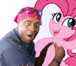 Size: 414x362 | Tagged: safe, pinkie pie, earth pony, human, pony, g4, female, happy negro, holding a pony, irl, irl human, male, mare, meme, photo