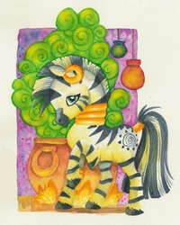 Size: 957x1199 | Tagged: safe, artist:friedavanraevels, zecora, pony, zebra, g4, cauldron, female, fire, mare, raised hoof, solo