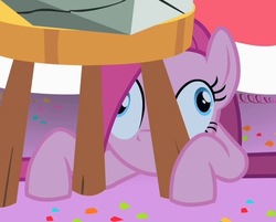 Size: 627x505 | Tagged: safe, screencap, pinkie pie, crab pony, earth pony, pony, g4, party of one, season 1, contemplating insanity, derp, female, mare, meme, pinkamena diane pie, prone, solo