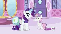 Size: 640x360 | Tagged: safe, screencap, rarity, sweetie belle, pony, unicorn, g4, ponyville confidential, season 2, all new, animated, bipedal, boing, butt, carousel boutique, duo, female, filly, gif, gritted teeth, horn, horn flick, hub logo, it keeps happening, magic, mare, plot, sproing, text