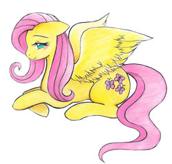 Size: 900x856 | Tagged: safe, artist:rinkulover4ever50592, fluttershy, pegasus, pony, g4, female, floppy ears, mare, prone, simple background, smiling, solo, white background